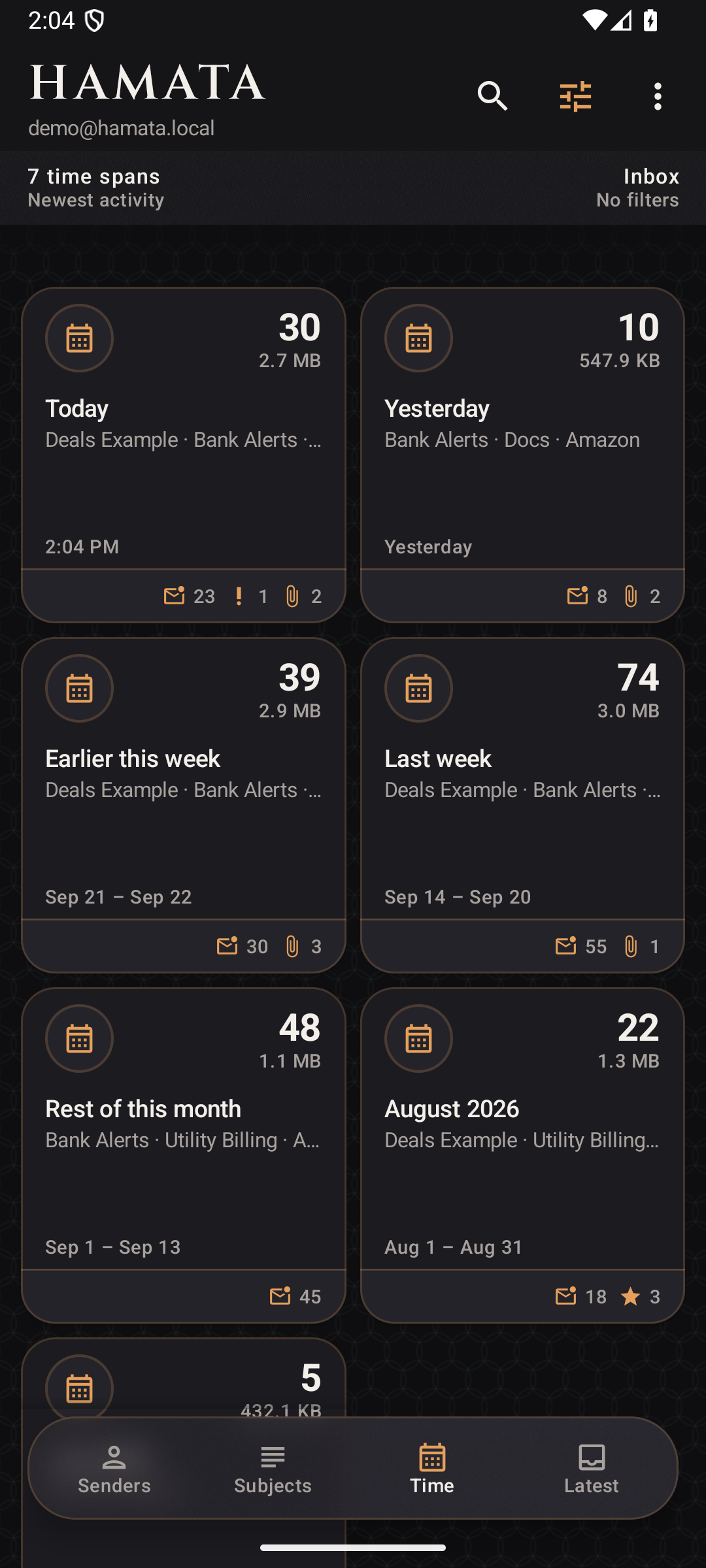 Hamata groups mail by time, with buckets for today, this week, and older months.